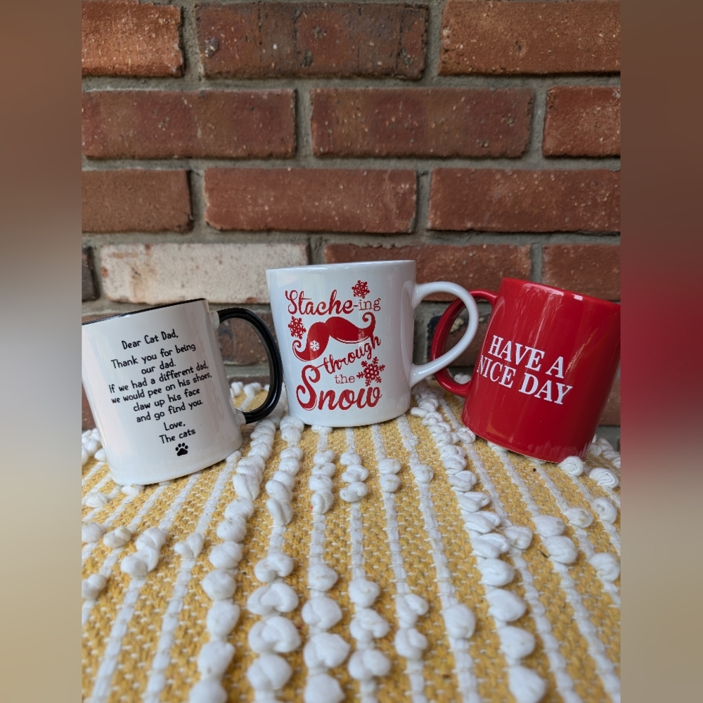 3 Mugs,cat Dad, mustache, have a nice day. Get All For One Price